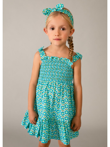 Детска лятна рокля с лента за глава в цвят тюркоаз с принт цветя Mayoral