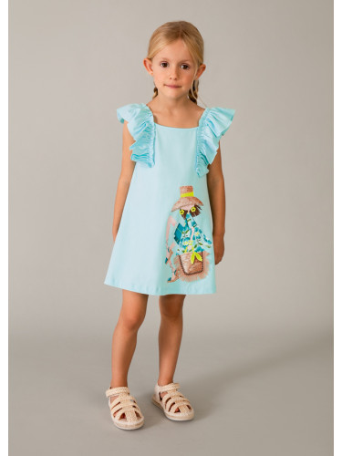 Детска рокля с къдрави презрамки в цвят мента с щампа момиче Mayoral