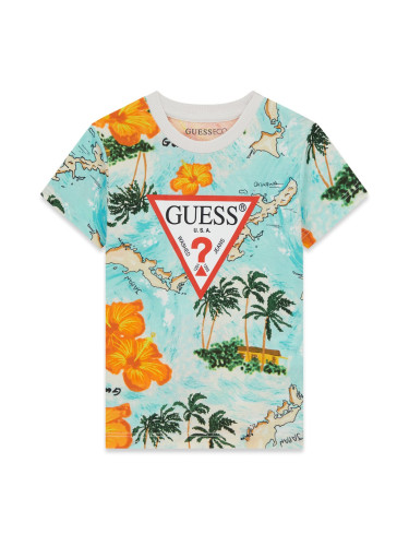 Детска блуза в цвят мента с тропическа щампа и лого Guess