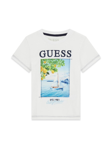 Детска блуза в бял цвят с морска щампа и лого Guess