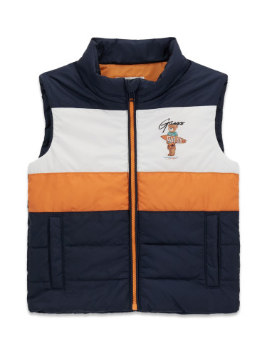 Детски елек райе в тъмносин цвят с щампа мече и лого Guess