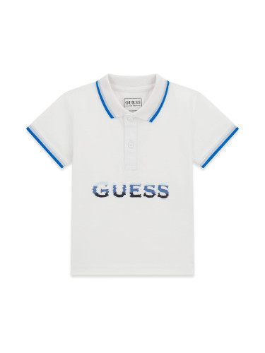 Детска блуза с яка в бял цвят със син кант и лого Guess