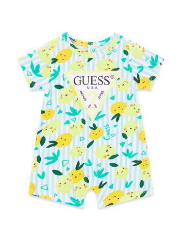 Бебешки летен гащеризон в жълт цвят с плодова щампа и лого Guess