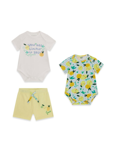 Бебешки комплект от три части в жълт цвят с щампа лимони и надпис Guess