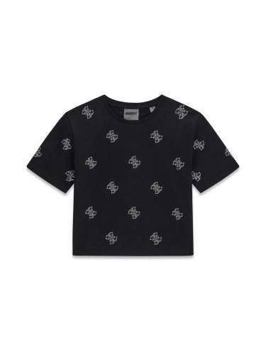 Къса блуза в черен цвят с щампа пеперуди от сребристи камъни Guess