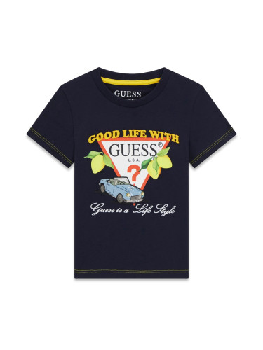 Бебешка блуза в черен цвят с щампа лимони и надпис Guess