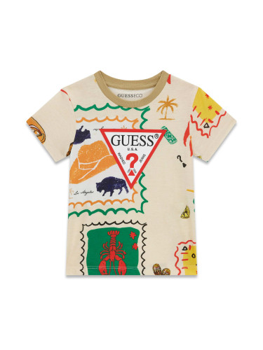 Бебешка блуза в цвят екрю с лятна щампа и лого Guess