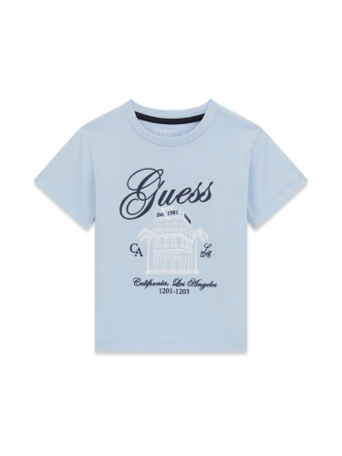 Бебешка блуза в светлосин цвят с щампа сграда и надпис Guess