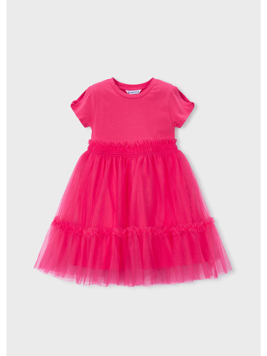 Изчистена детска рокля с къс ръкав и тюл в цвят циклама Mayoral