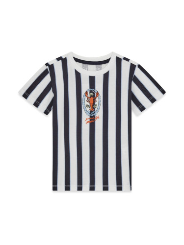 Детска тениска на тъмносиньо райе с бродирана щампа Guess