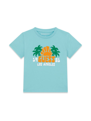 Детска тениска в светлосин цвят с лого и палми Guess