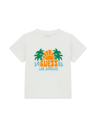 Детска тениска в бял цвят с лого и палми Guess