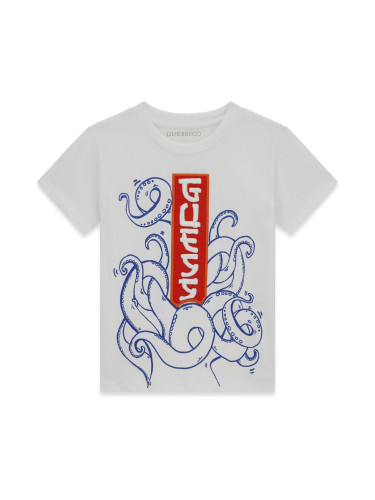 Детска тениска в бяло с бродиран надпис GUESS