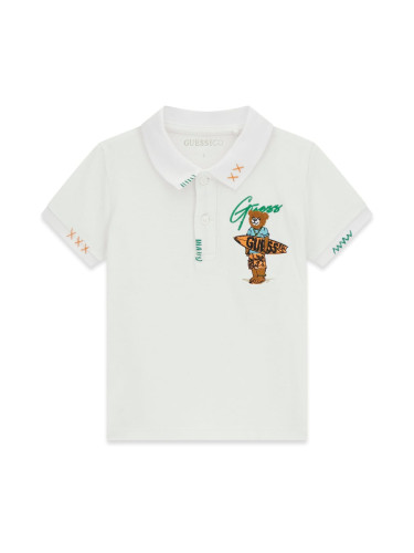 Детска блуза с яка в бял цвят с бродирано мече Guess