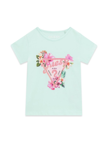 Детска тениска на цветя в ментов цвят Guess