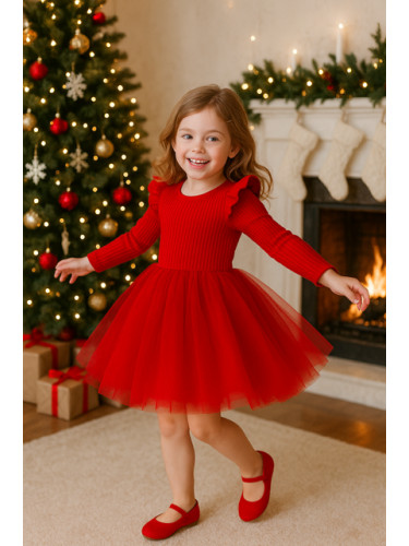 Детска рокля в червено с дълъг ръкав с къдрички и тюл Оливия