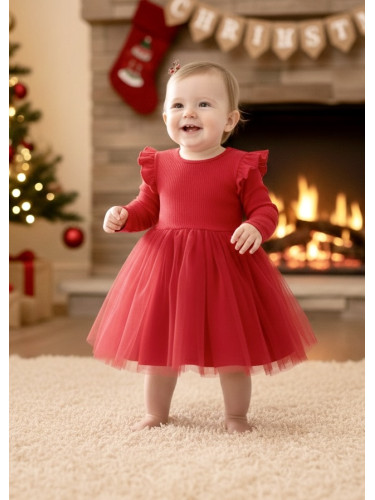 Бебешка рокля в червено с дълъг ръкав с къдрички и тюл Оливия
