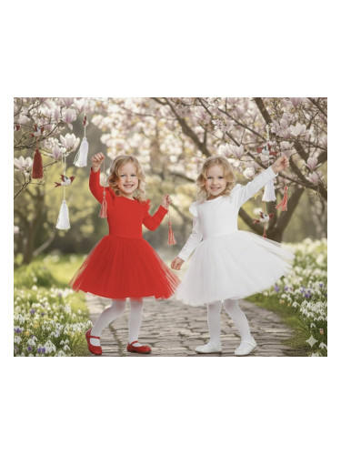 Детска рокля в червено от трико рипс с дълъг ръкав с къдрички и тюл Ол