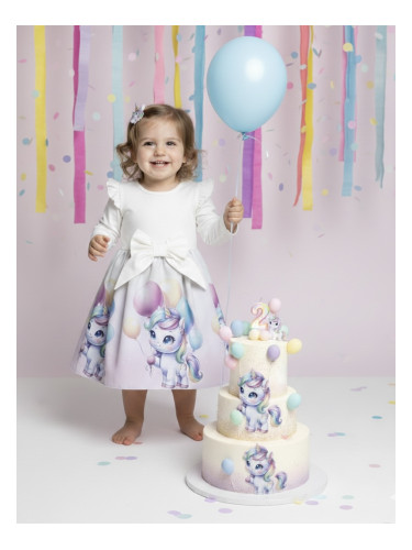Детска рокля в екрю с къдрички, панделка и еднорог с балони