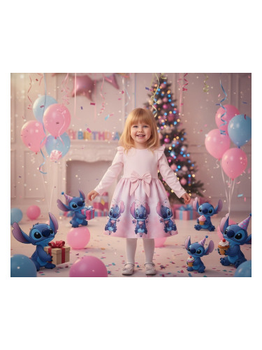 Детска рокля с дълъг ръкав в розовo с къдрички, панделка и Стич