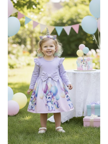Бебешка или детска рокля в лилаво с дълъг ръкав с къдрички, панделка и