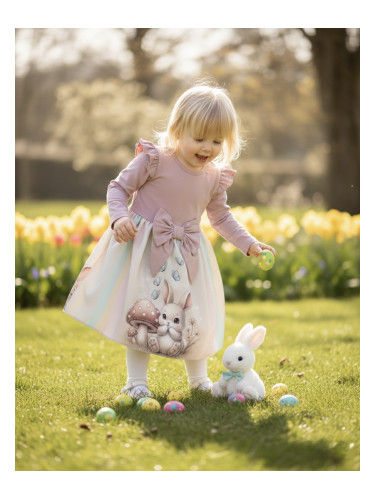 Бебешка или детска рокля с дълъг ръкав в пепел от рози с къдрички, пан