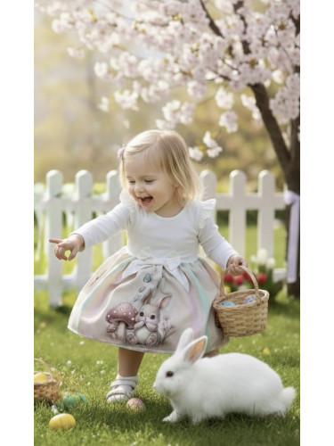 Детска ежедневна или официална рокля с дълъг ръкав в екрю с къдрички, 