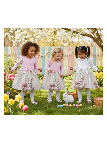 Бебешка или детска рокля в розово с къдрички, панделка и зайче с гъбка