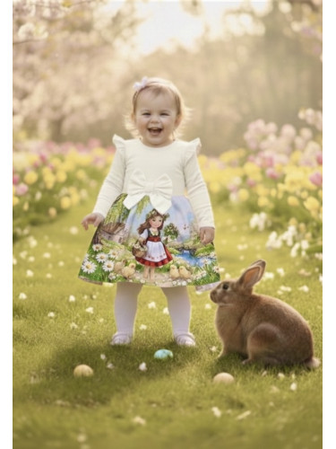 Детска рокля в екрюс дълъг ръкав, къдричка и панделка и с интересна ка