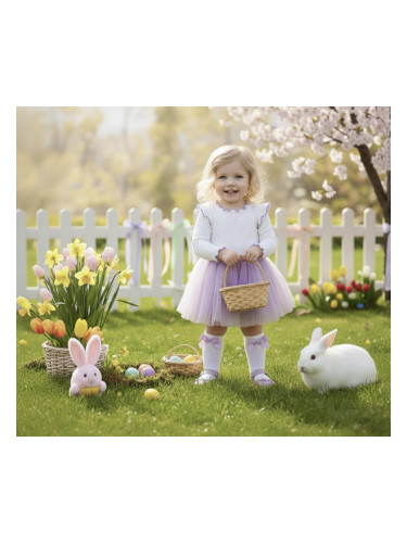 Детска ежедневна рокля с дълъг ръкав в бяло и лилаво с къдрички с кант