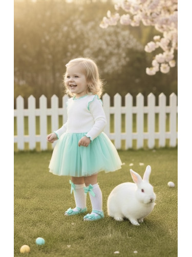 Детска ежедневна рокля с дълъг ръкав в бяло и тюркоаз с къдрички с кан