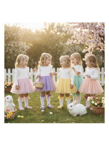 Детска ежедневна рокля с дълъг ръкав в бяло и прасковено с къдрички с 