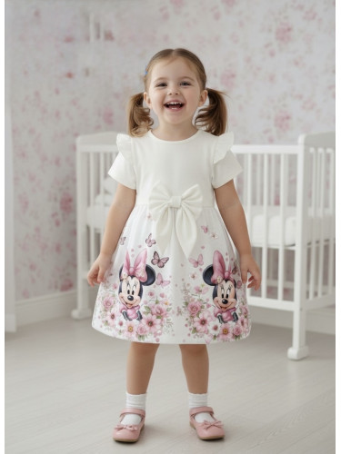 Детска рокля в екрю с къс ръкав, къдричка и панделка и с картинка Мини