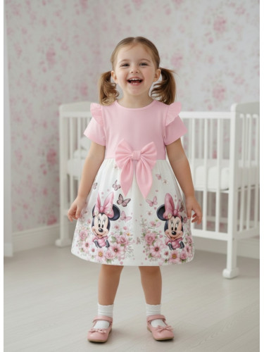 Детска рокля в розово с къс ръкав, къдричка и панделка и с картинка Ми