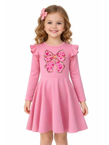 Детска рокля с дълъг ръкав в розово с къдрички и панделка