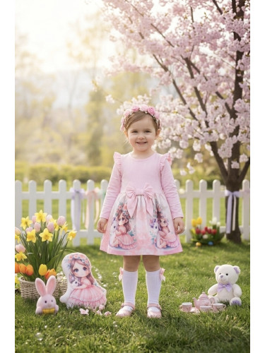 Детска рокля с дълъг ръкав в бледо пепел от рози с къдрички, панделка 