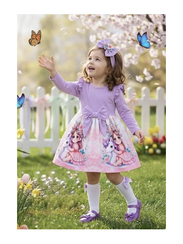 Детска рокля в лилаво с дълъг ръкав с къдрички, панделка и картинка на