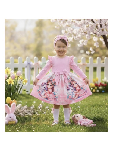 Детска рокля с дълъг ръкав в розово с къдрички, панделка и картинка на