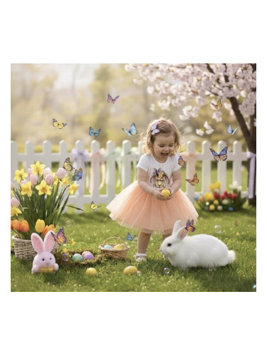 Бебешка или детска рокля с къс ръкав в прасковено със зайче