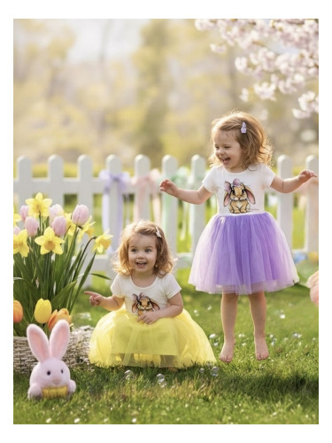 Бебешка или детска рокля с къс ръкав в жълто със зайче