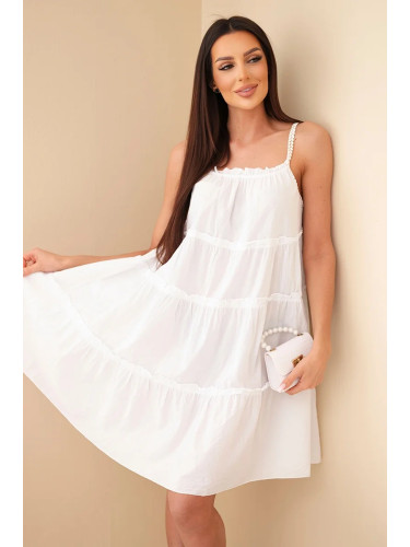 Дамска памучна рокля без презрамки с волани, бяла