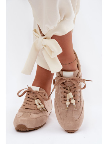 Дамски ниски маратонки с мъниста, бежови Galora