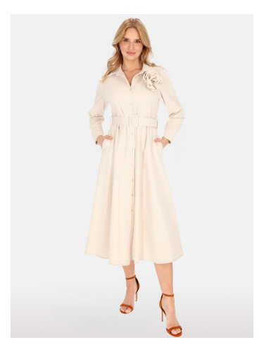 Елегантна бежова миди рокля с брошка