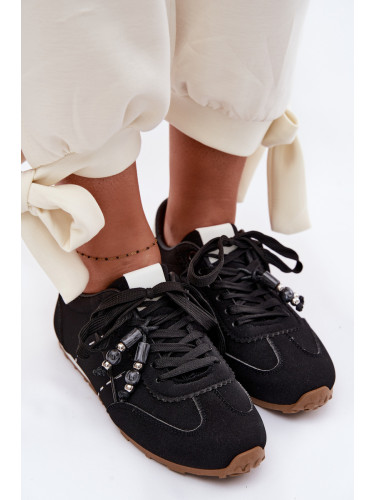 Дамски ниски маратонки с мъниста, черни Galora