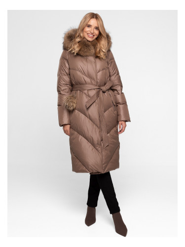Дамско дълго пухено палто с козина и помпон