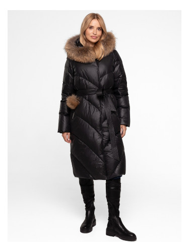 Дълго дамско палто с естествена кожа