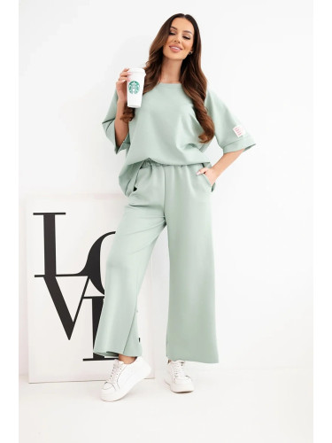 Дамски комплект от суитшърт и широк панталон, цвят тъмна мента