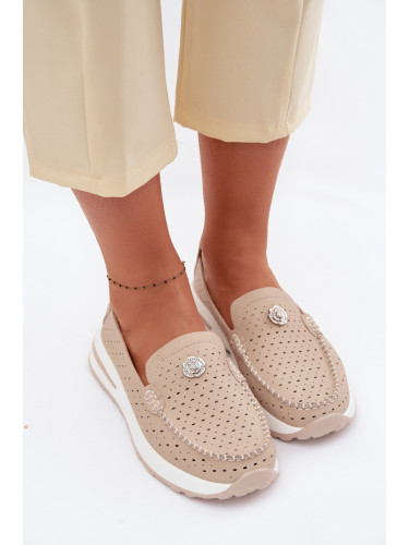 Дамски мокасини от естествена кожа с отворени пръсти, бежови, Kemela