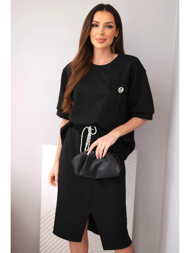 Дамски комплект Kesi с блуза и миди пола, черен