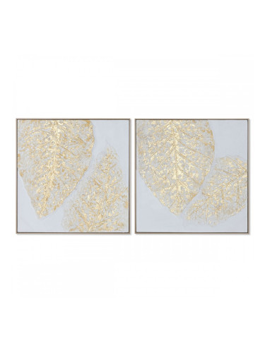 Картина Home ESPRIT Бял Златен Пластно Дървен MDF Модерен Лист на растение 82 x 4,5 x 82 cm (2 броя)